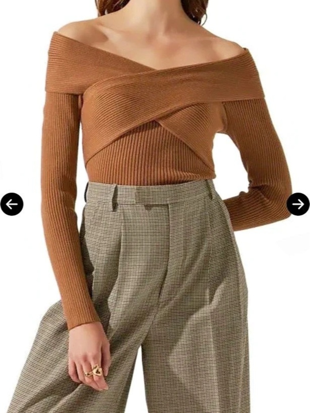 ASTR the Label Crossover Off The Shoulder Rib Sweater Brown XSmall
